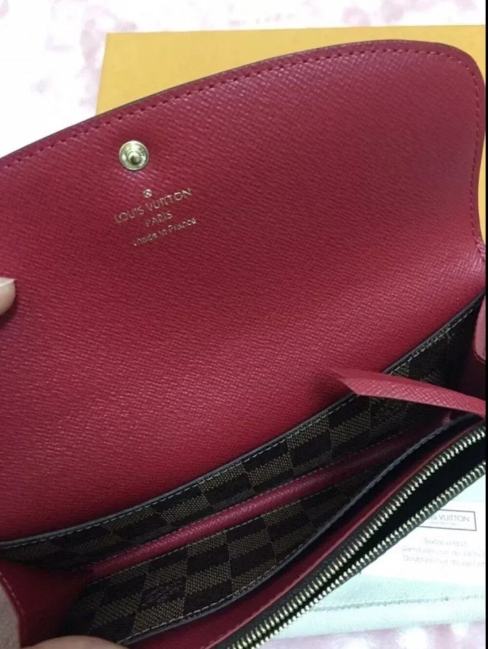Louis Vuitton Damier Ebene Continental Wallet with Red Snap Closure